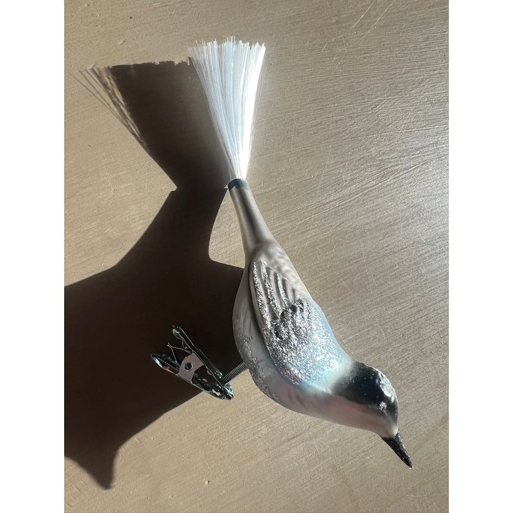 Inge-Glas Forest Finch Glass Ornament Silver Blue Clip-On Germany 34-718